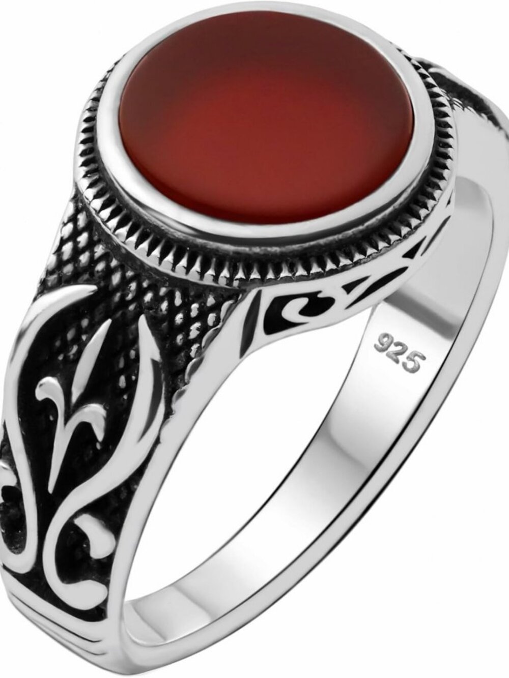 Solid 925 Sterling Silver Black Onyx Ring with Anatolian Motif for Men